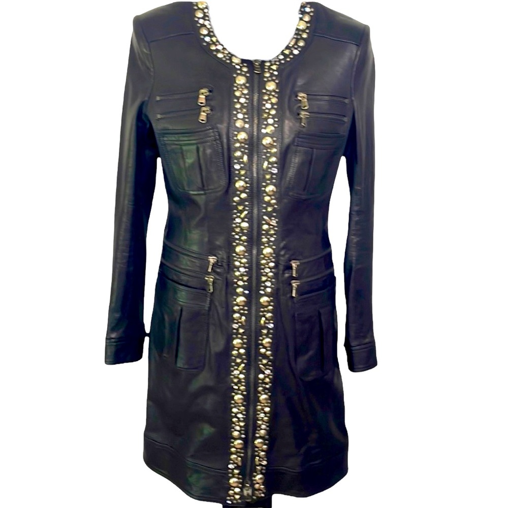 BENNEDETTA NOVI black leather dress with embellishment, size 6 with tags